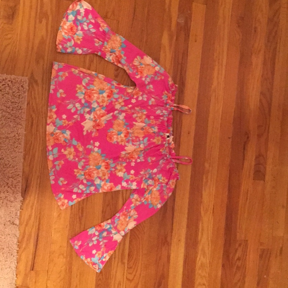 Insta girl pink floral off the shoulder shirt
